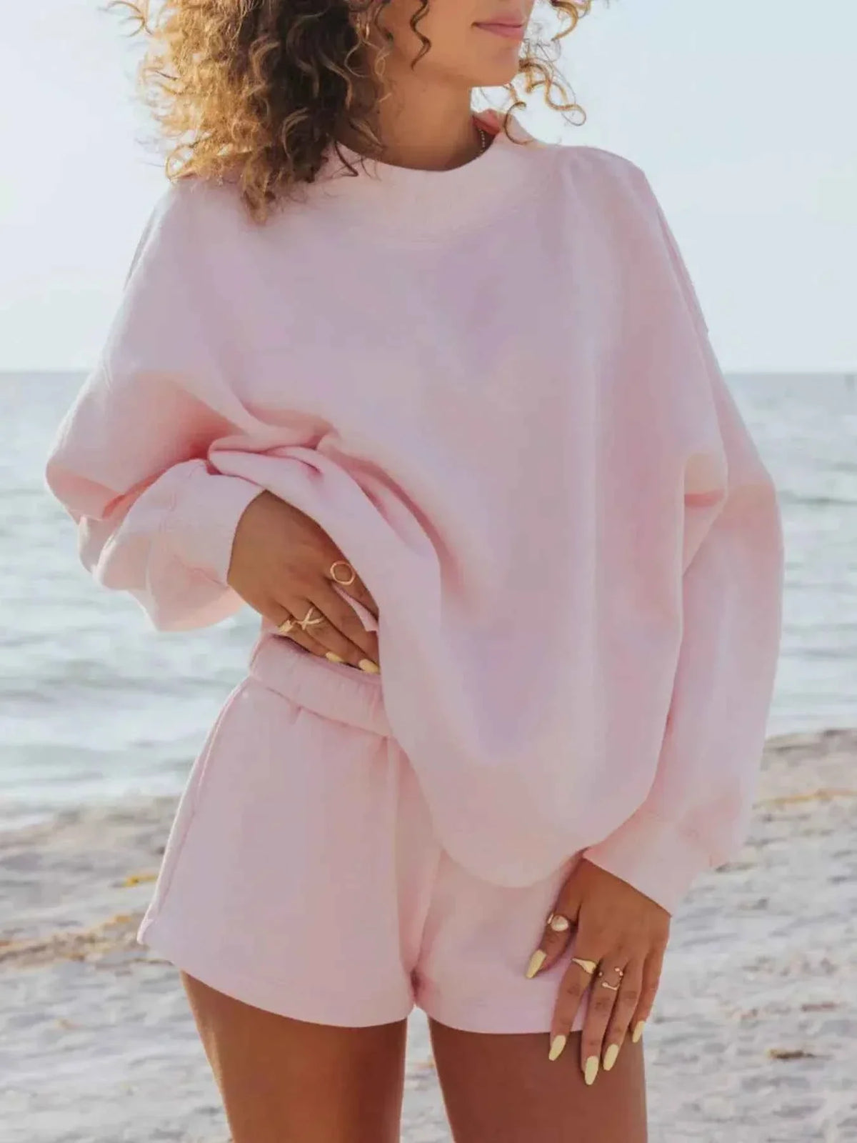 Oversized Crew Neck Sweatshirt and Elastic Waist Shorts Two Piece Set