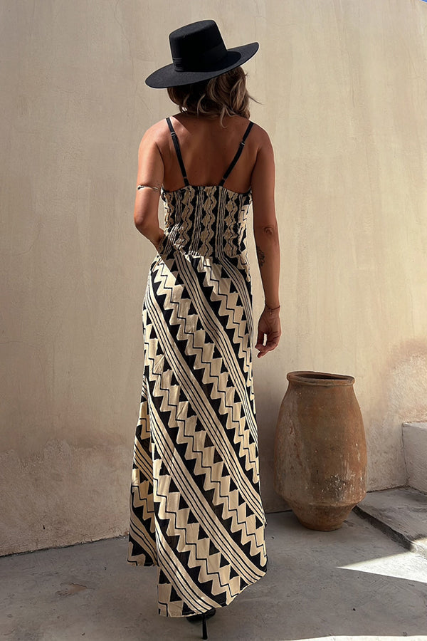 Exclusive Melody Satin Ethnic Print Smocked Back Midi Dress - View 2