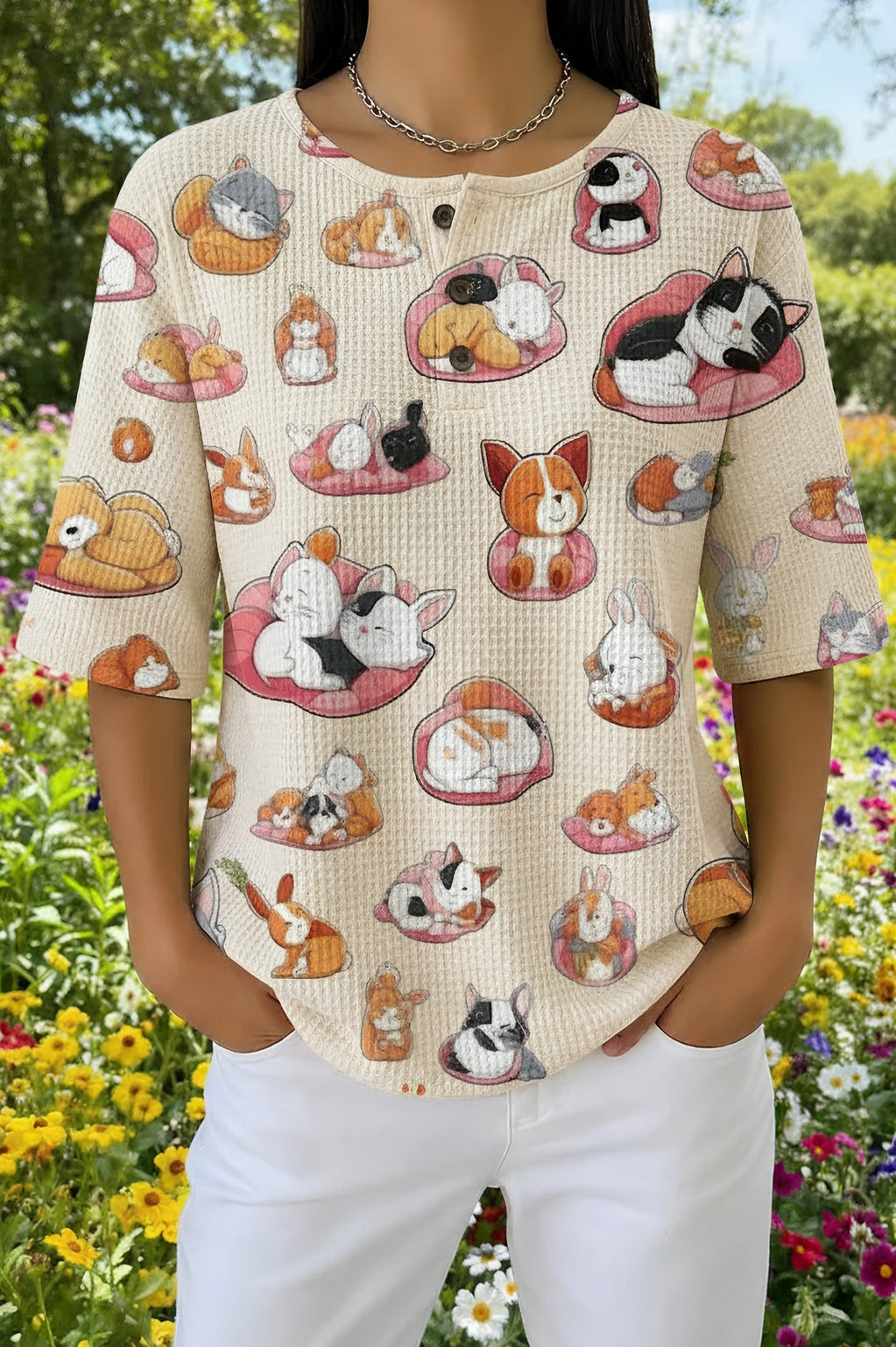 Womens Beige Cartoon Cat Mushroom Print Casual Shirt