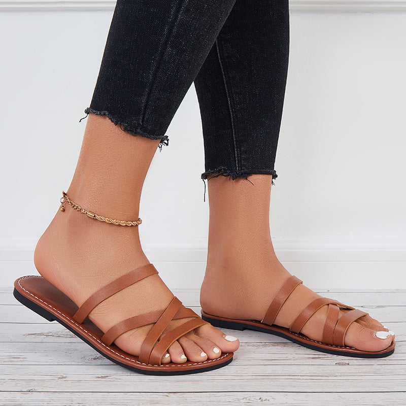 Open Toe Wide Slide Sandals Flat Beach Slippers