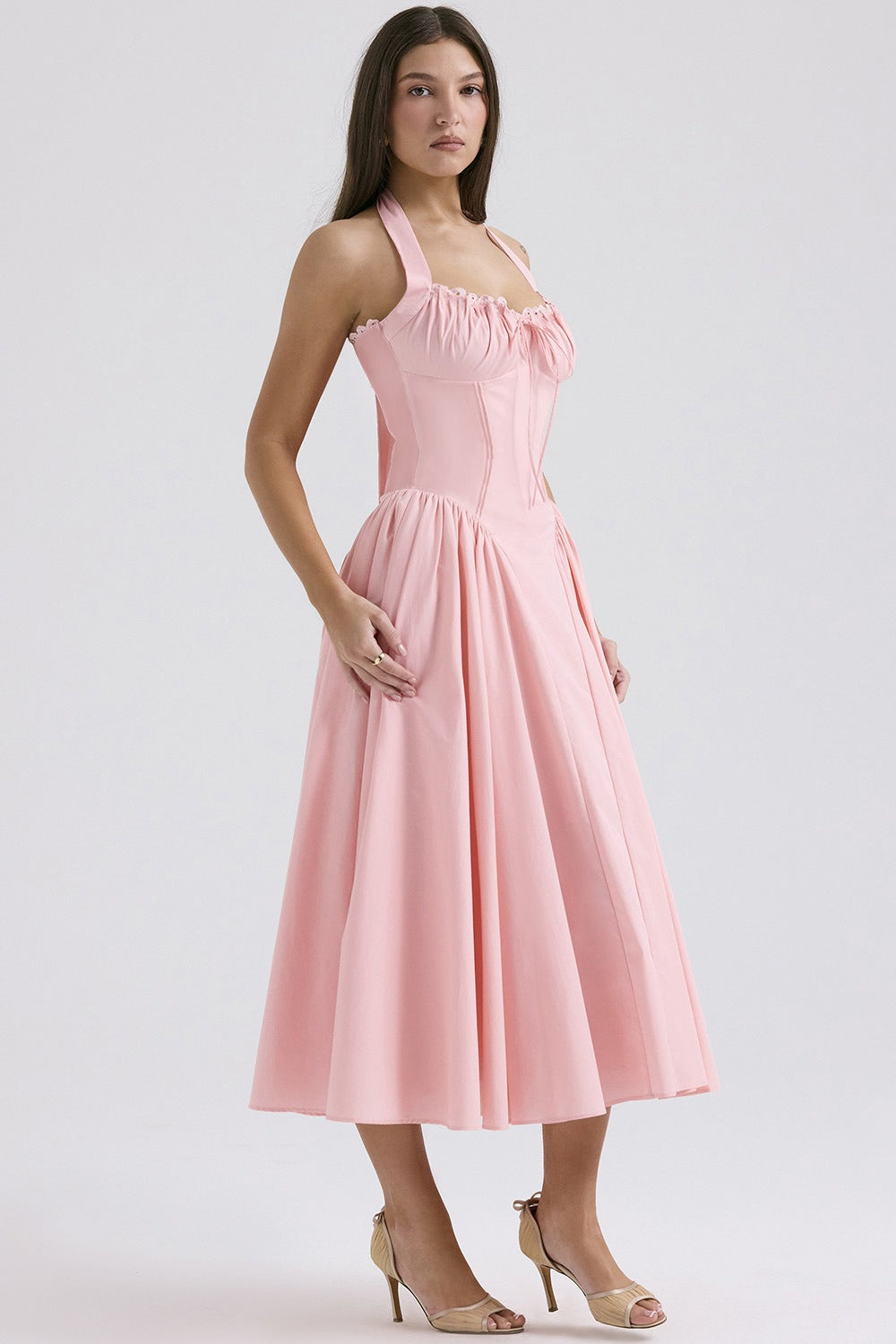 Halter Neck Ruched Corset Fit and Flare Midi Dress