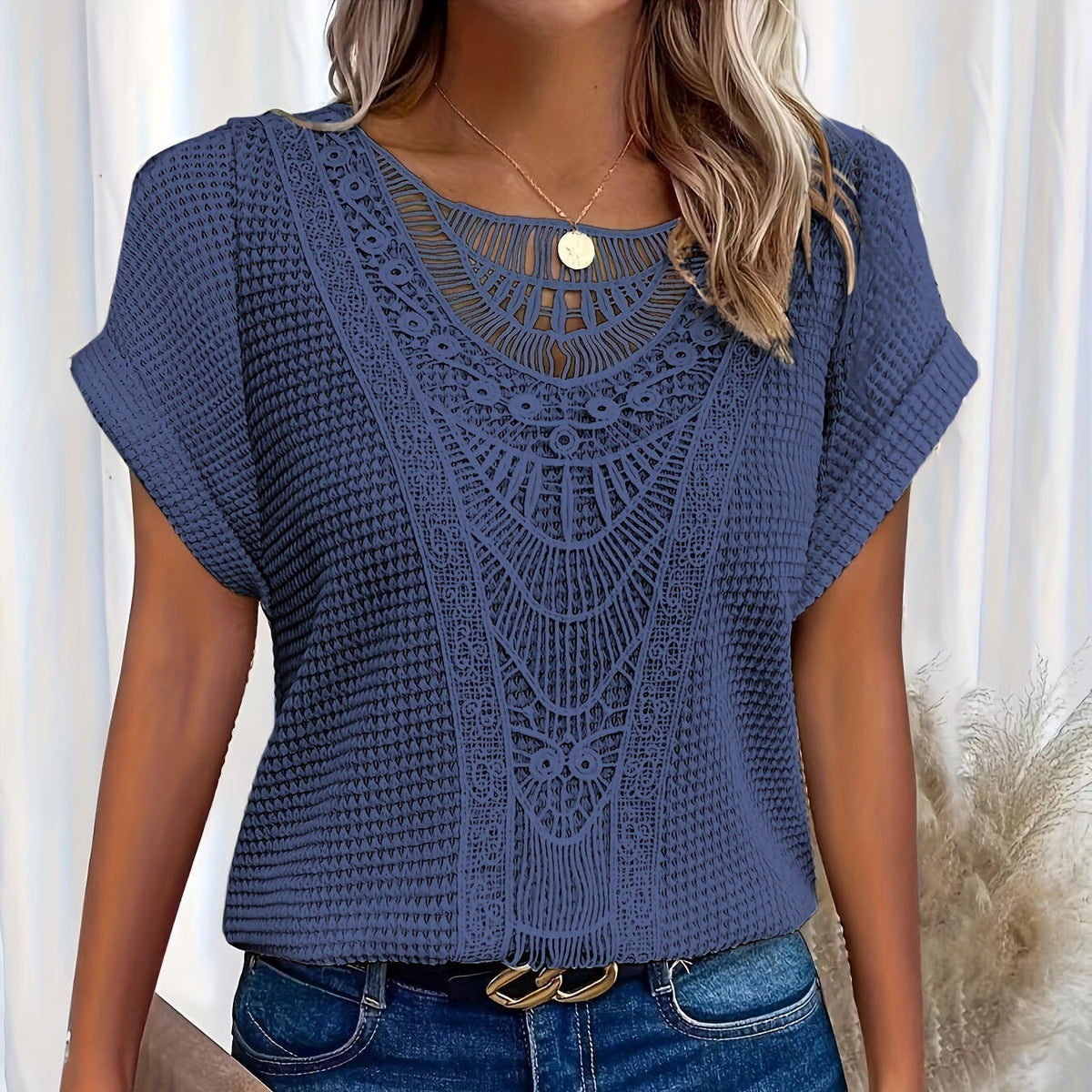 Crochet Lace Panel Round Neck Short Sleeve Waffle Knit Top