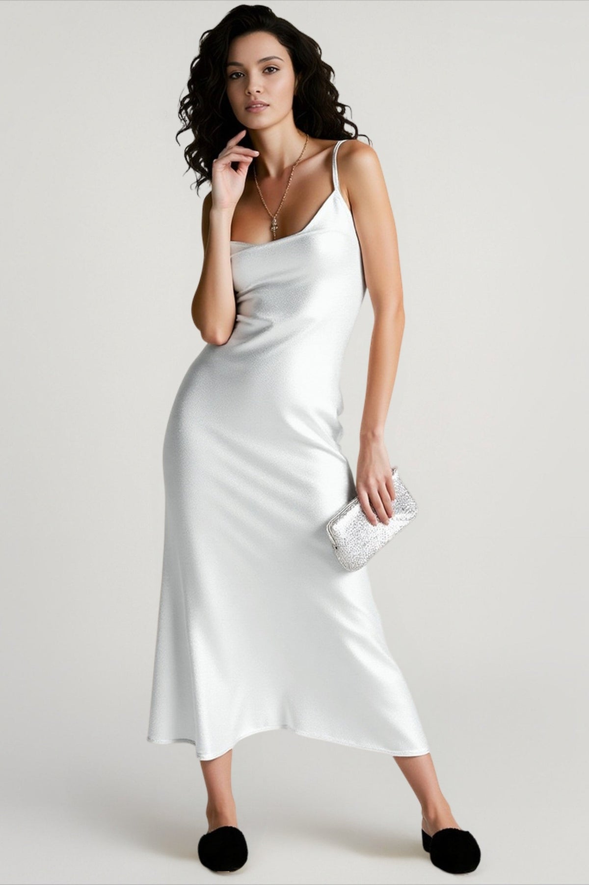 Satin Cowl Neck Spaghetti Strap Fitted Maxi Slip Dress 2