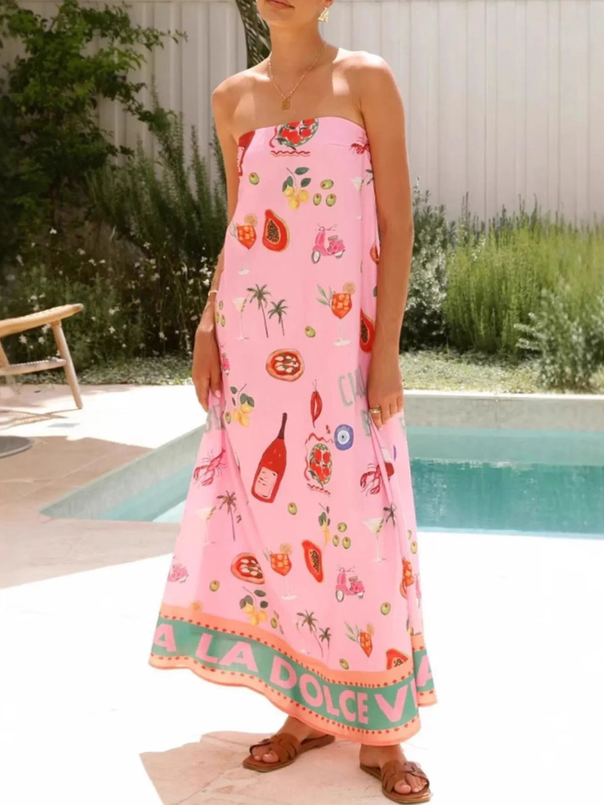 Novelty Print Strapless Border Hem A-Line Maxi Dress 2
