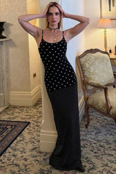 Retro Polka Dot Long Body Hugging Slip Dress