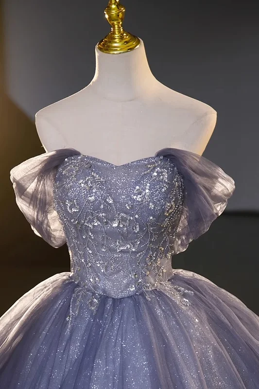 Blue Off The Shoulder Sequins Tulle Evening Dress Sweet 16 Dress cc1725