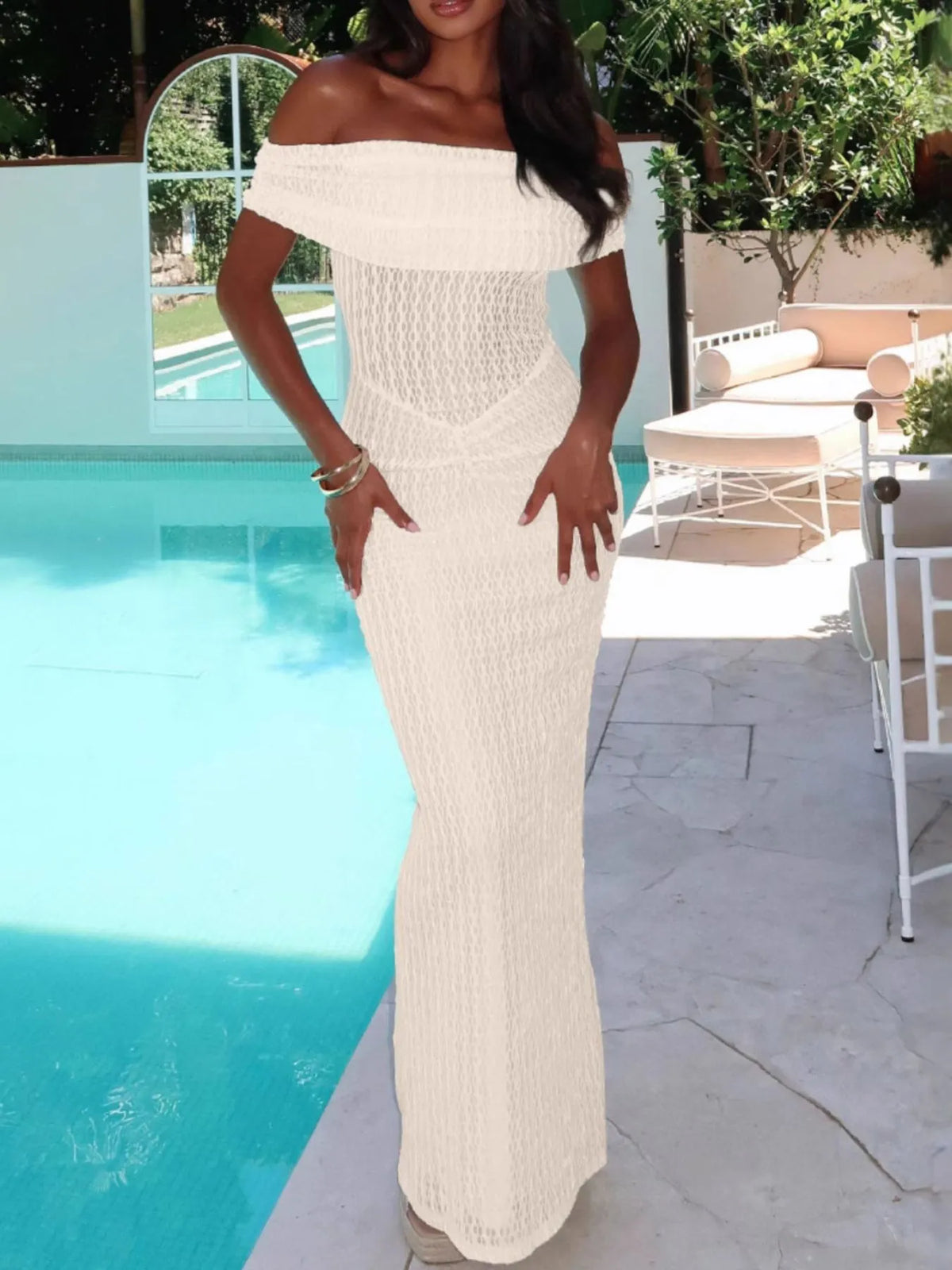 Textured Knit Off Shoulder Fold Over Bodycon Maxi Dress 4