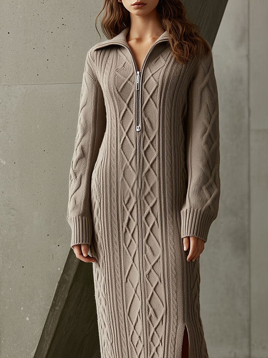 Half-Zip Collar Cable Knit Maxi Dress Sweater Dress With Side Slit