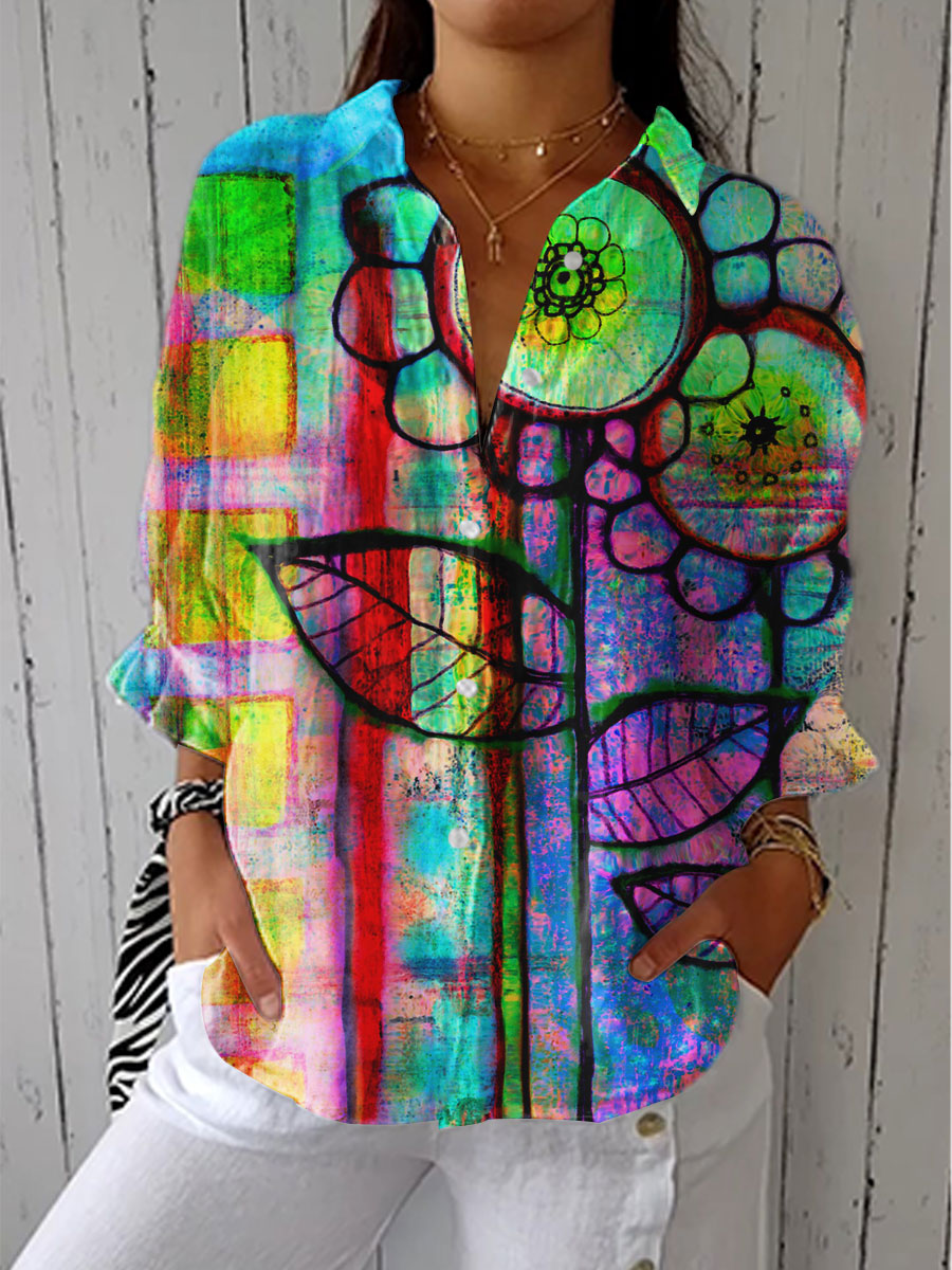 Abstract Floral Print Long Sleeve Button Front Shirt