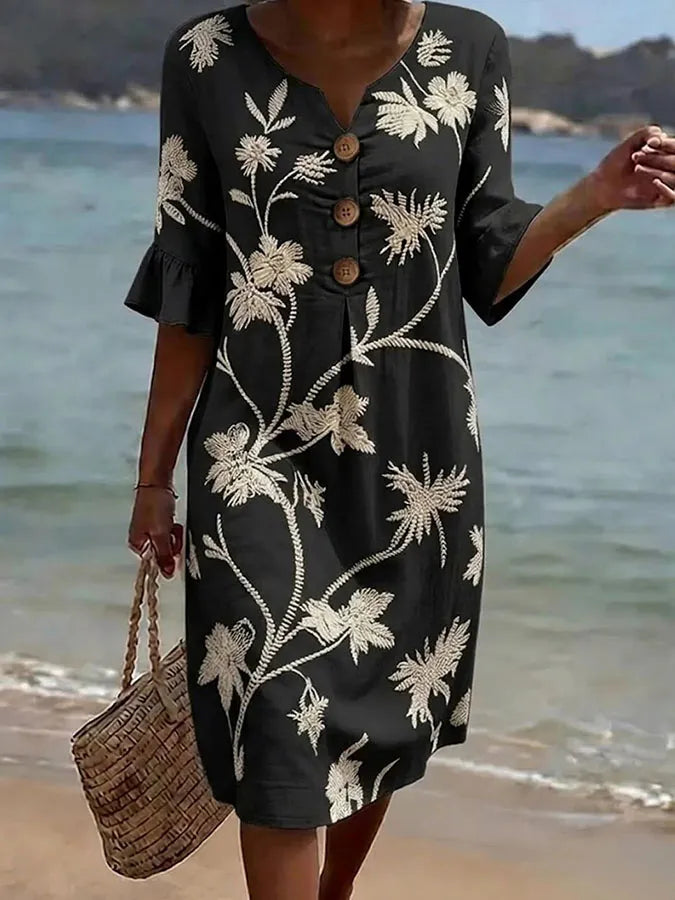 Floral Print V-Neck Button Bell Sleeve Midi Dress