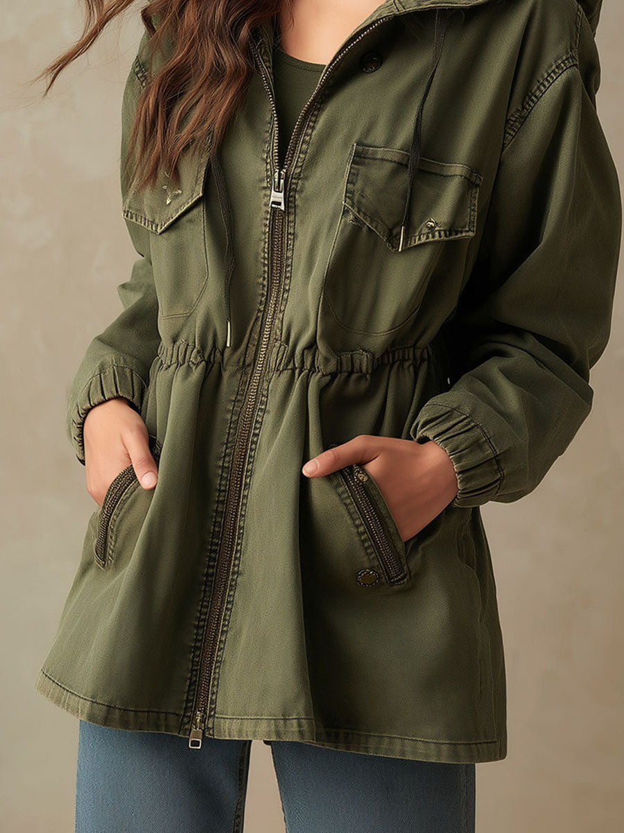 Casual Olive Green Utility Cargo Jacket  With Drawstring Waist