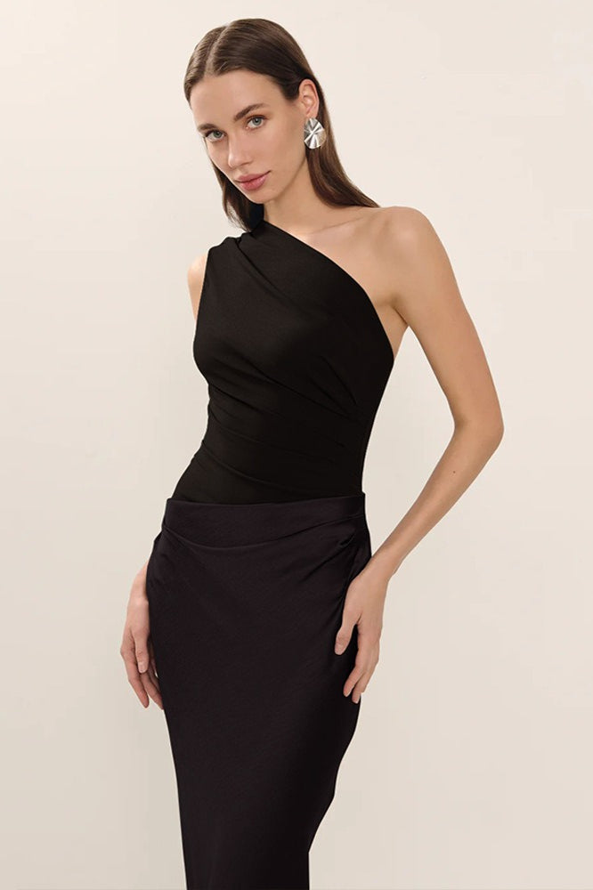 One Shoulder Sleeveless Ruched Satin Skirt Bodycon Maxi Dress 3
