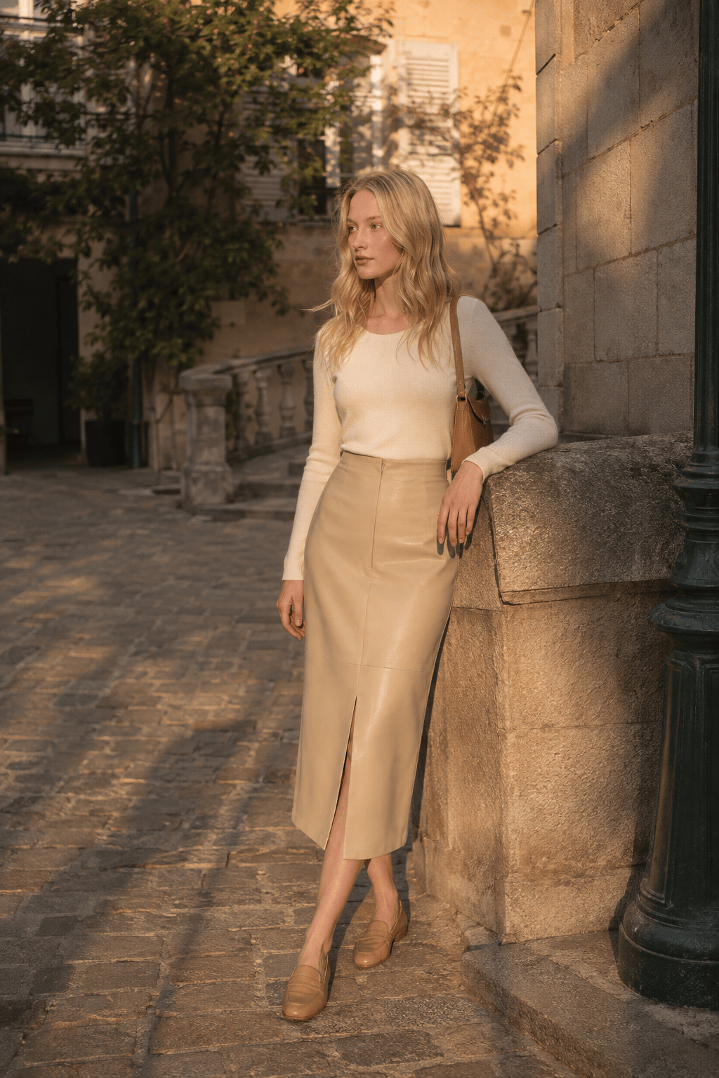Faux Leather Piping Sit Midi Skirt