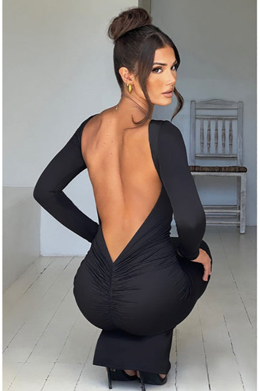 Long Sleeve Open Back Ruched Bodycon Mermaid Maxi Dress