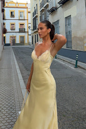 Yellow Lace Panel Satin Cami Maxi Lace Dress