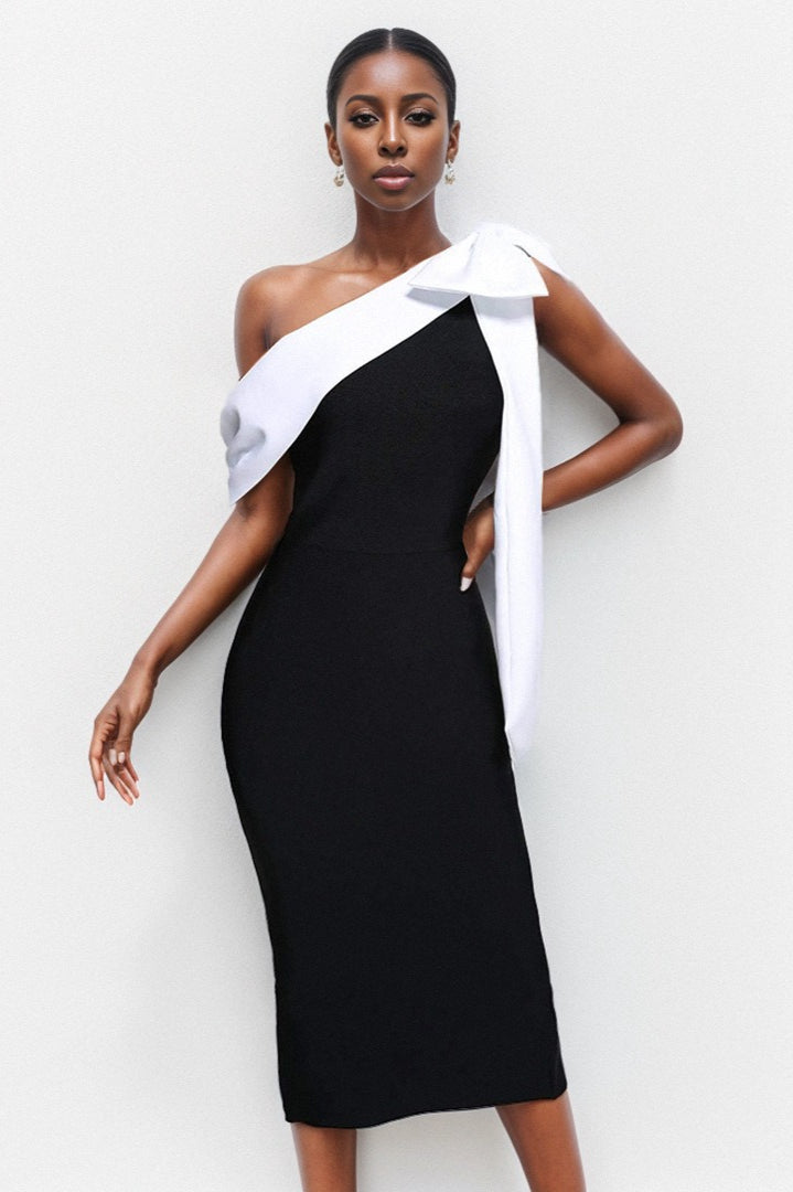 Bandage Off Shoulder Color Block Bow Detail Bodycon Midi Cocktail Dress