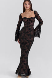 Strapless Lace Flared Backless Bodycon Maxi Lace Dress