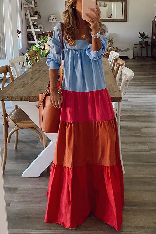 Square Neck Empire Waist Tiered Long Sleeve Maxi Dress