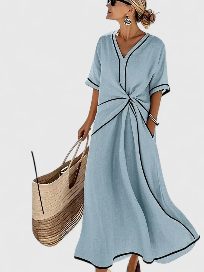 V-Neck Contrast Trim Twist Front Maxi Dress