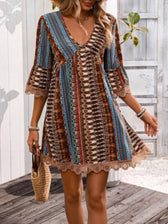 Boho Print Deep V-Neck Lace Trim Mini Dress 17