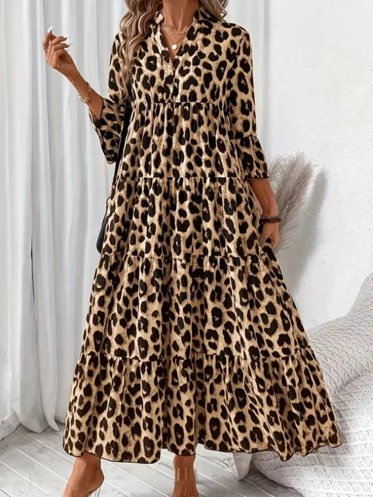 Leopard 3/4 Sleeve Midi Dress