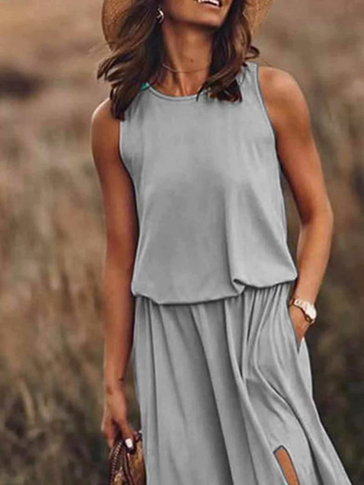 Round Neck Sleeveless Slit Maxi Dress
