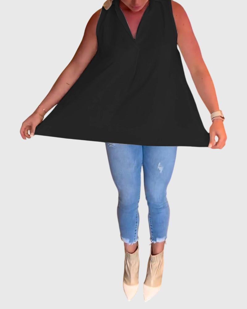 Collared Sleeveless High Low Blouse