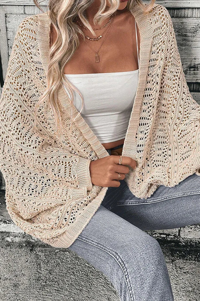 Open Front Batwing Sleeve Pointelle Knit Cropped Cardigan 5