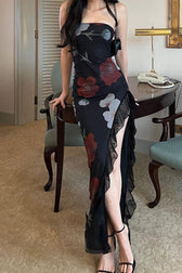 Off Shoulder Mesh Strapless Slit Slim Floral Dress 4