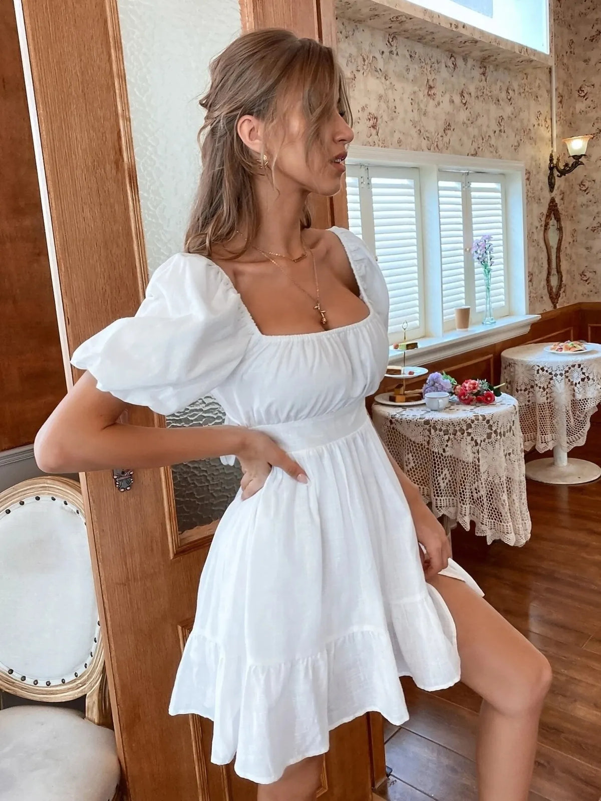 Square Neck Puff Sleeve Mini Dress