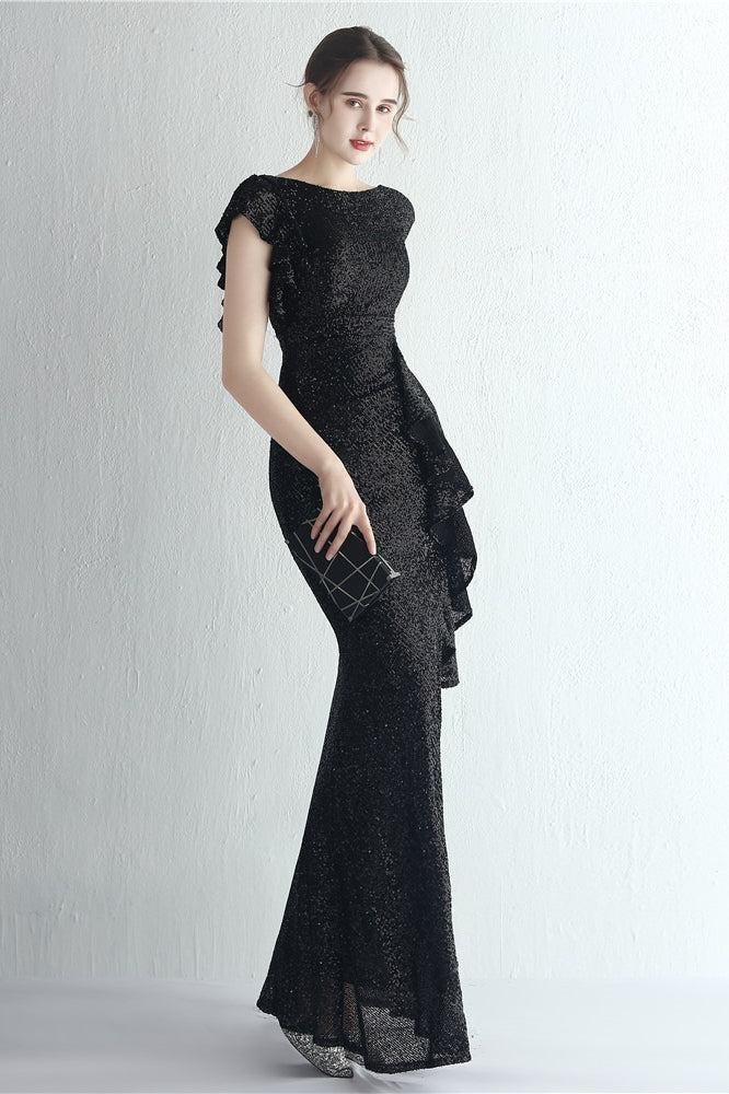 Sequin High Neck Cap Sleeve Ruffle High Split Mermaid Gown