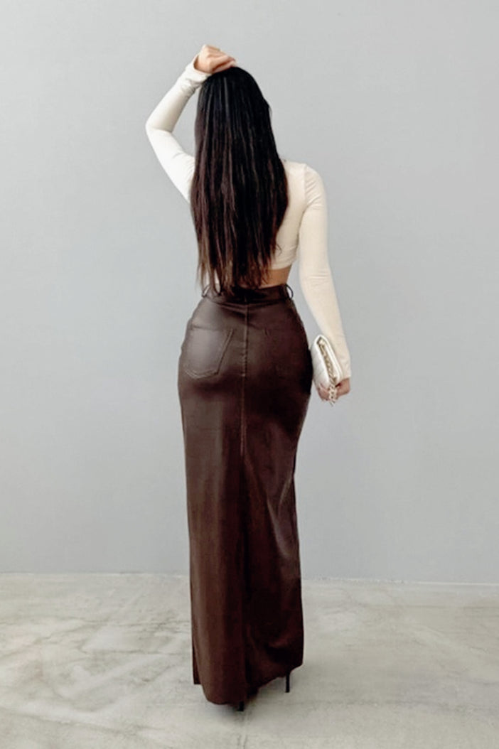 Solid Leather High Waist Slit Skirt