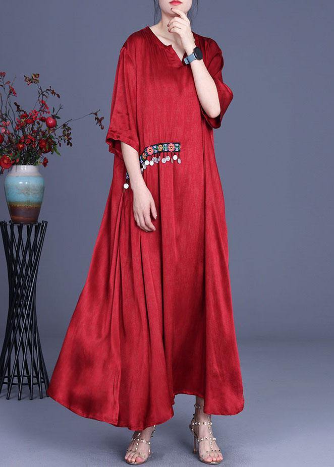 Stand Collar Wide Sleeve Floral Embroidery Coin Charm Crinkled Maxi Dress