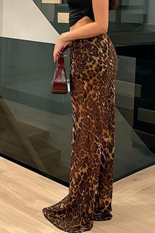 Leopard Print Satin High Waist Fishtail Hem Maxi Skirt 3