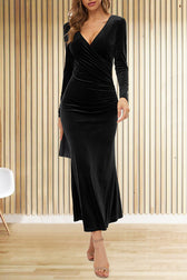 Solid Color Velvet Long Sleeve V-neck Slim Fit Fishtail Maxi Dress - View 2