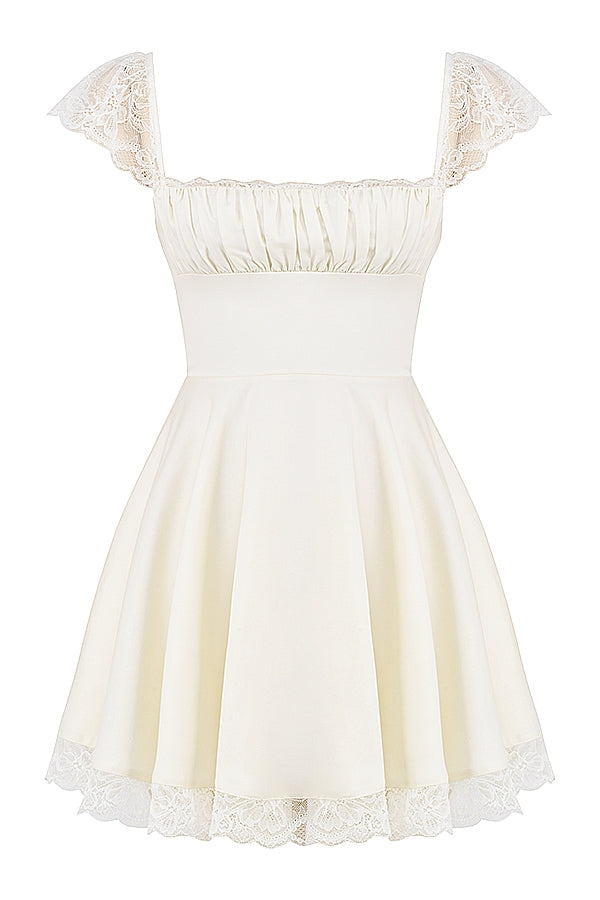 Lace Trim Square Neck Cap Sleeve Ruched Bust A-Line Mini Dress 14