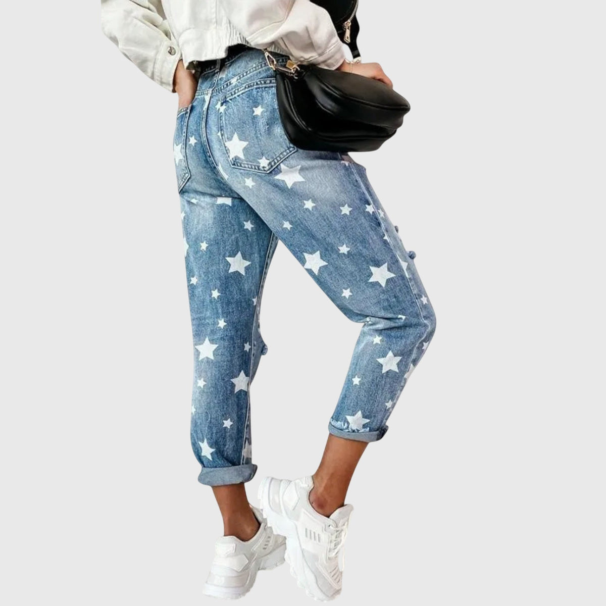 Star Print Distressed High Waist Boyfriend Jeans
