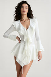 Solid V Neck Flounce Sleeve Waist Cinch Party Dress