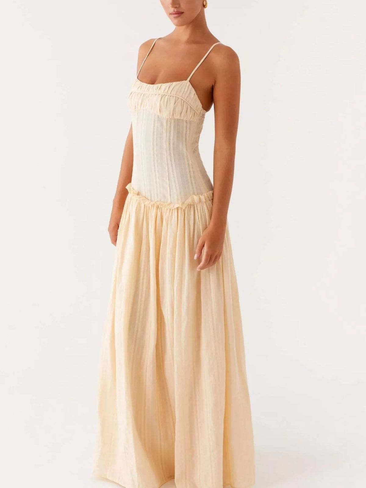 Ruched Bust Drop Waist Ruffle Trim Cami Maxi Dress 30