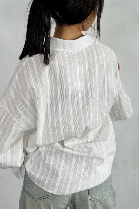 Textured Stripe Collared Tie Cuff Flare Sleeve Button Front Shirt 3