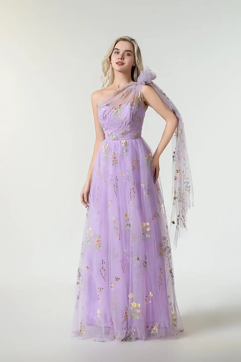 Metallic Gold Purple One Shoulder Maxi Prom Dress