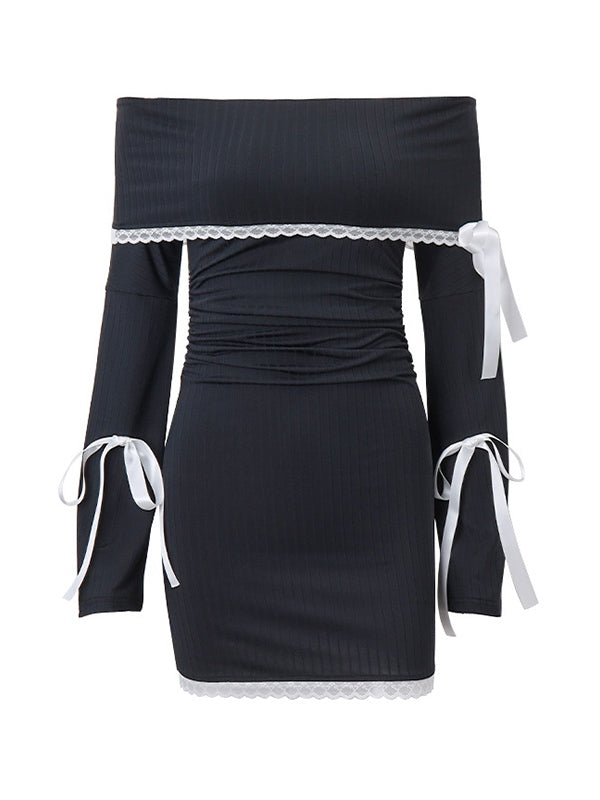 Vintage Off Shoulder Tie Up Long Sleeve Mini Dress with Lace Splice - View 4