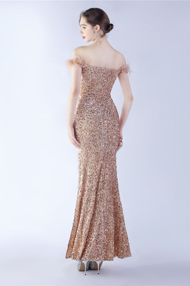 Sequin Off Shoulder Feather Trim High Split Mermaid Gown