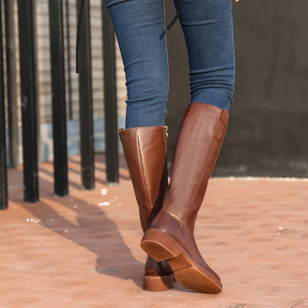 Handmade Soft��Leather Knee High Boots Side Zip Riding Boots Short Plush Lining in Black/Brown