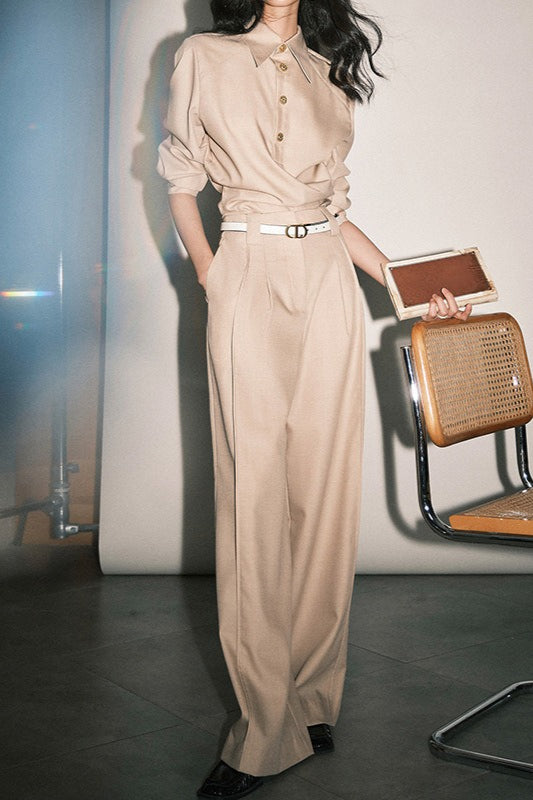 Collared Button Placket Shirt and Pleated Wide Leg Trousers Two Piece Set 4
