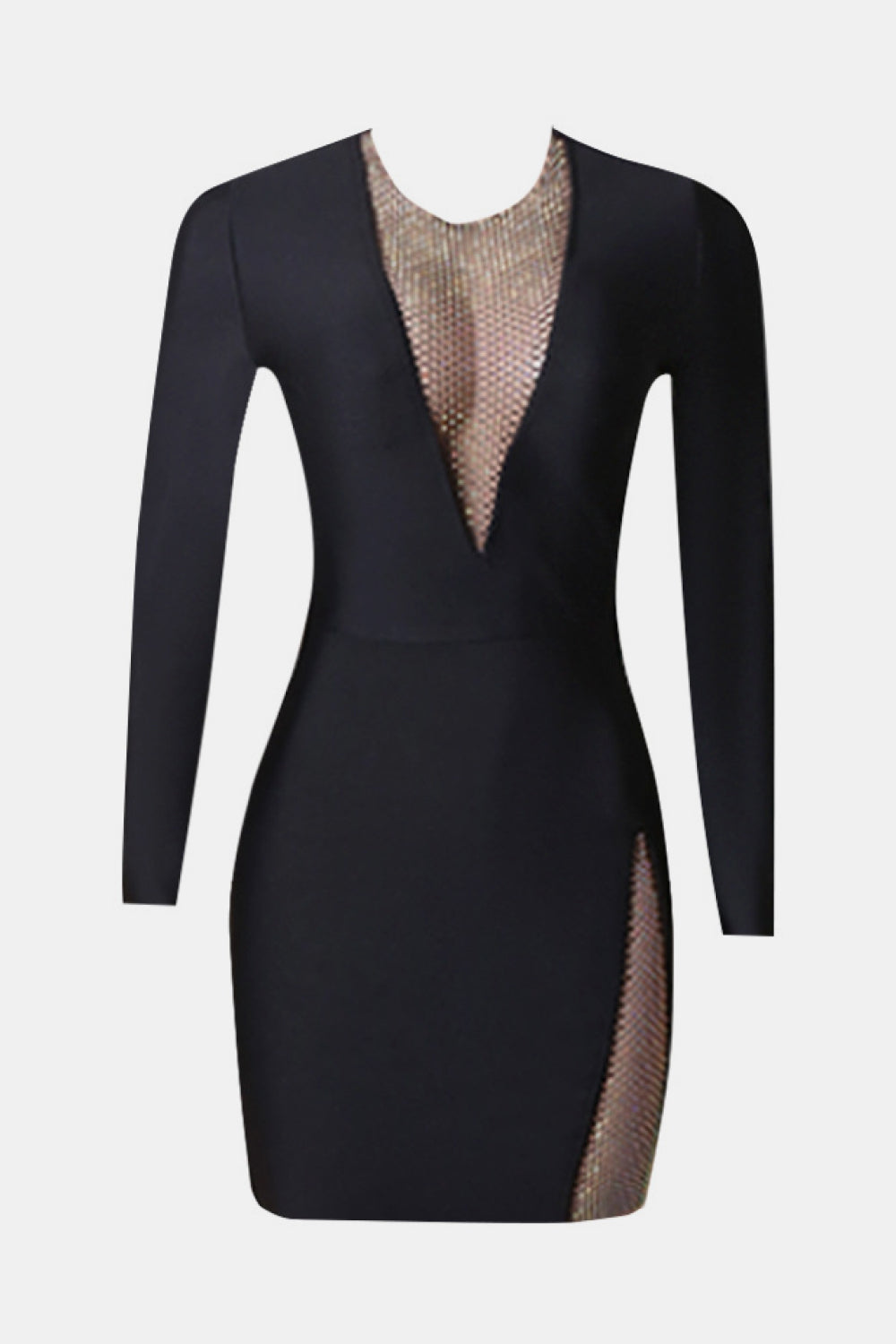 Mesh Inset Round Neck Long Sleeve Bodycon Mini Dress 27