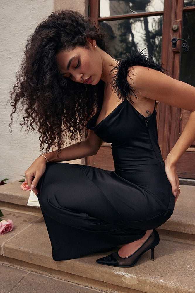 Satin Cowl Neck Feather Trim Bodycon Maxi Dress