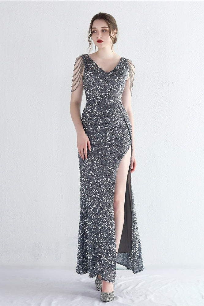 Sequin V-Neck Beaded Fringe High Split Mermaid Gown - View 19