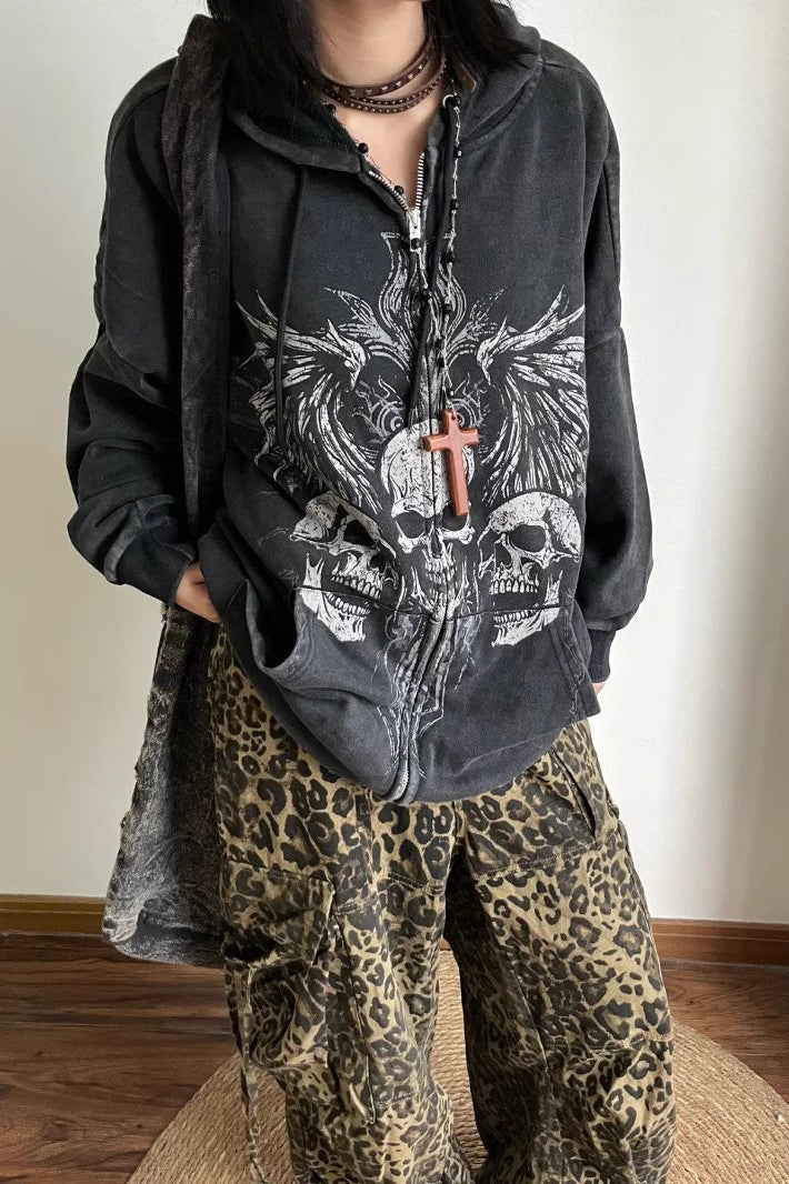 Washed Triple Skull Wing Graphic Print Zip Front Gothic Hoodie