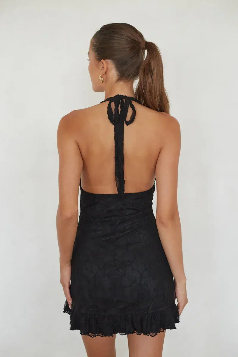 Fleur Lace Halter Ruffled Mini Dress